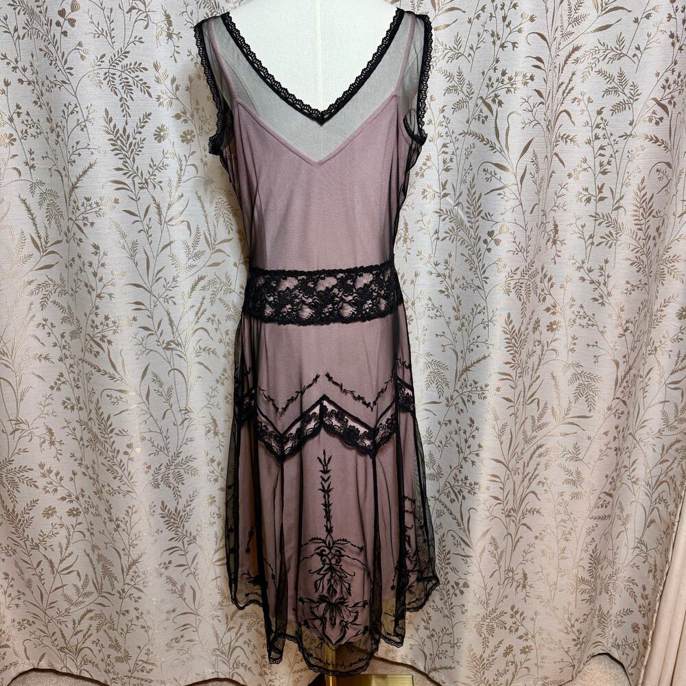 Newport News VTG Y2K Lace Mesh Flapper Dress 10 Black Pink Art Deco Gatsby 1920s - Picture 6 of 14